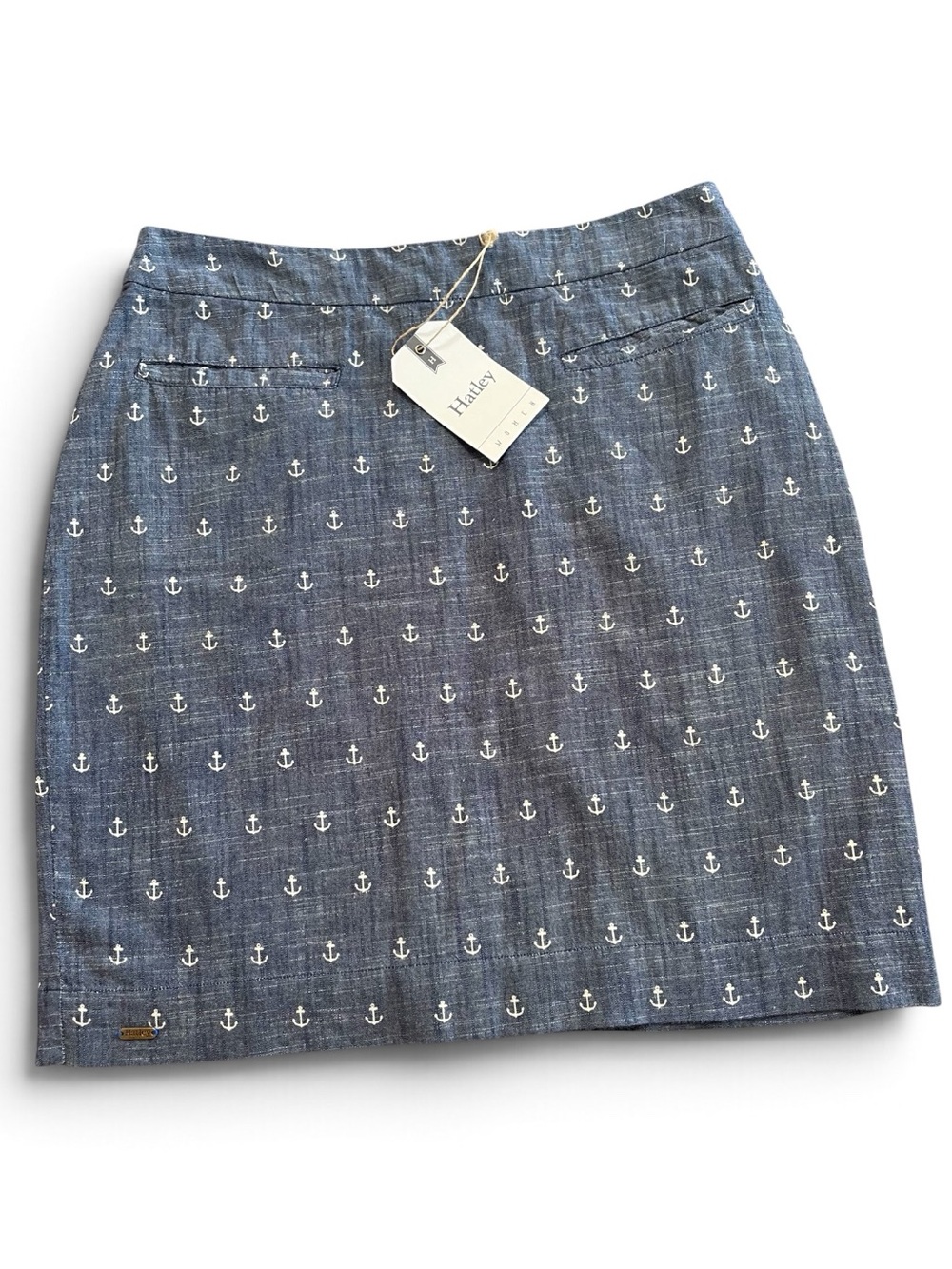 Hatley Blue Chambray Anchor Print Short Skirt Sz 6 Front Pockets Lined Back Zip